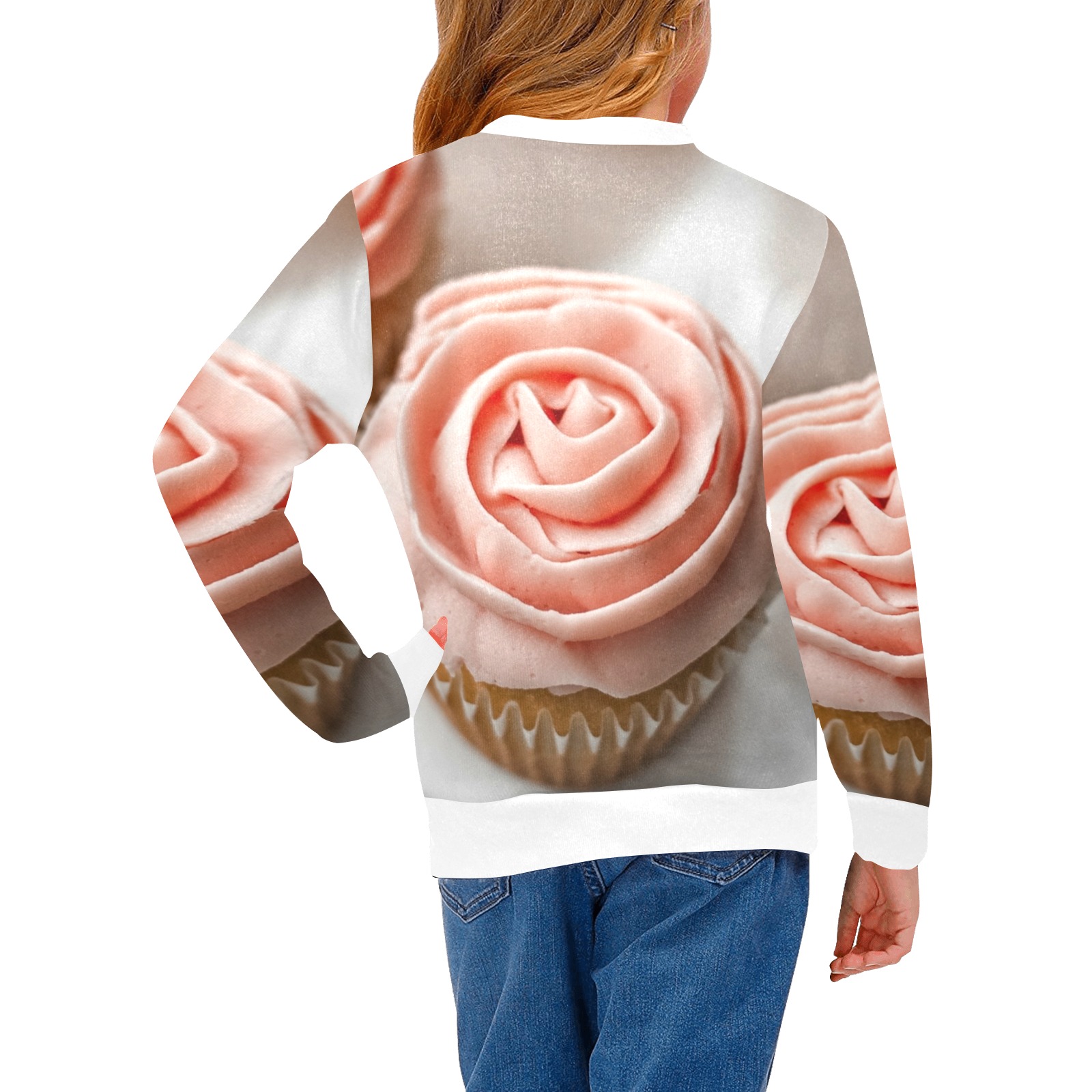 bb pink cup cakes Girls' All Over Print Crew Neck Sweater (Model H49)