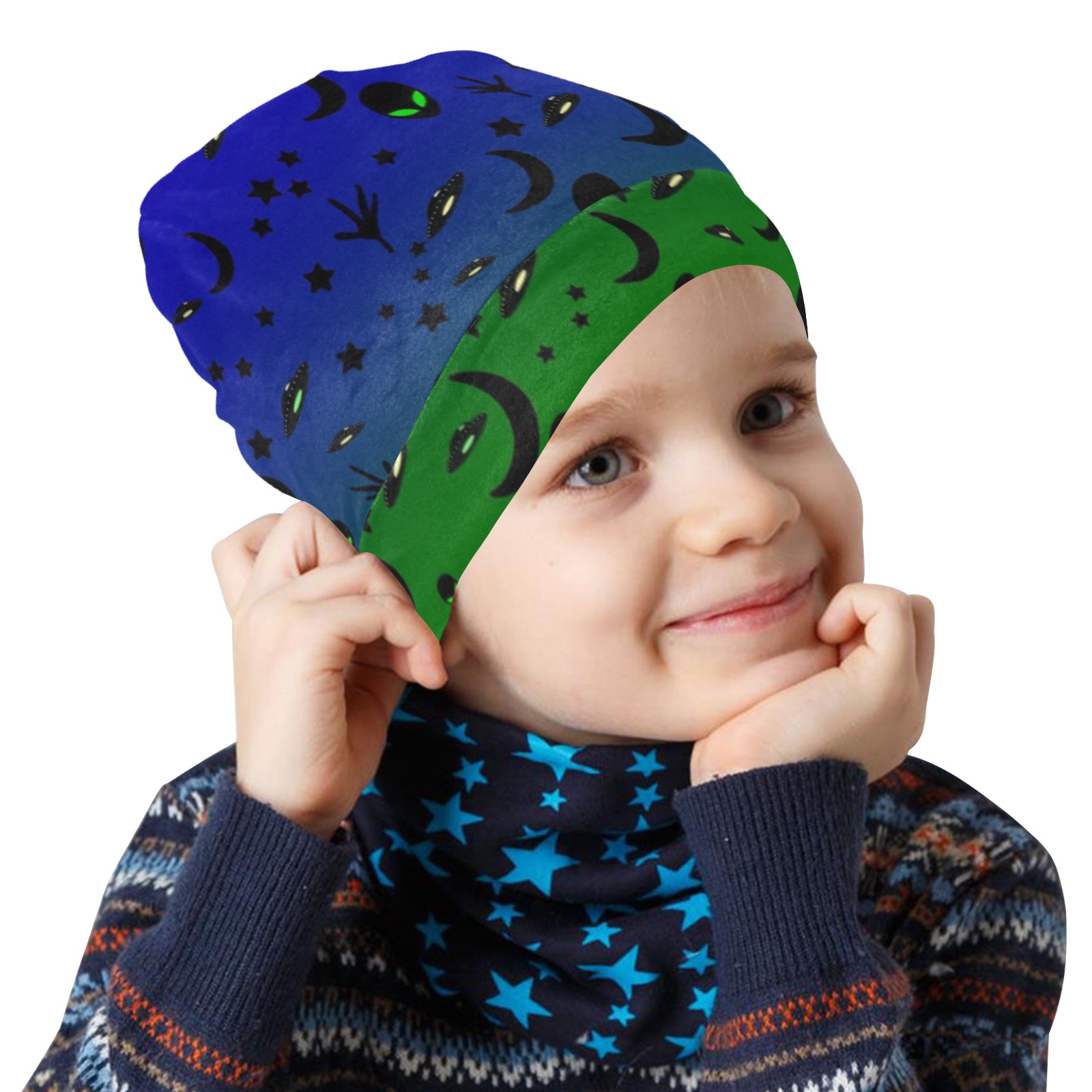Aliens and Spaceships - Blue / Green All Over Print Beanie for Kids