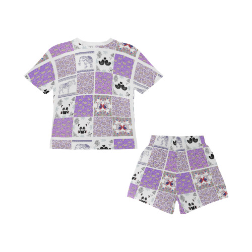 Purple Paisley Birds and Animals Patchwork Design Little Girls' Short Pajama Set