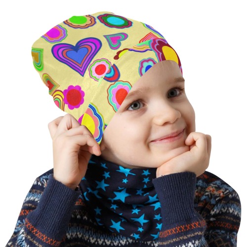 Groovy Hearts and Flowers Yellow All Over Print Beanie for Kids