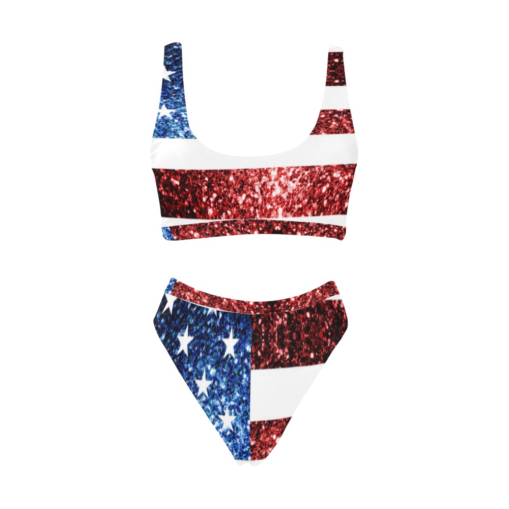 Sparkly USA flag America Red White Blue faux Sparkles patriotic bling 4th of July Sport Top & High-Waisted Bikini Swimsuit (Model S07)