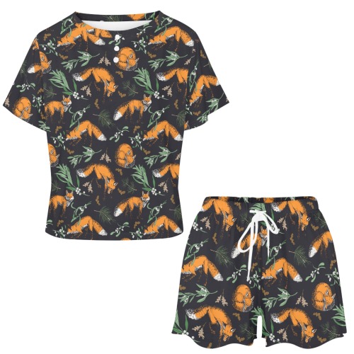 Foxes in the forest night-085 Women's Mid-Length Shorts Pajama Set