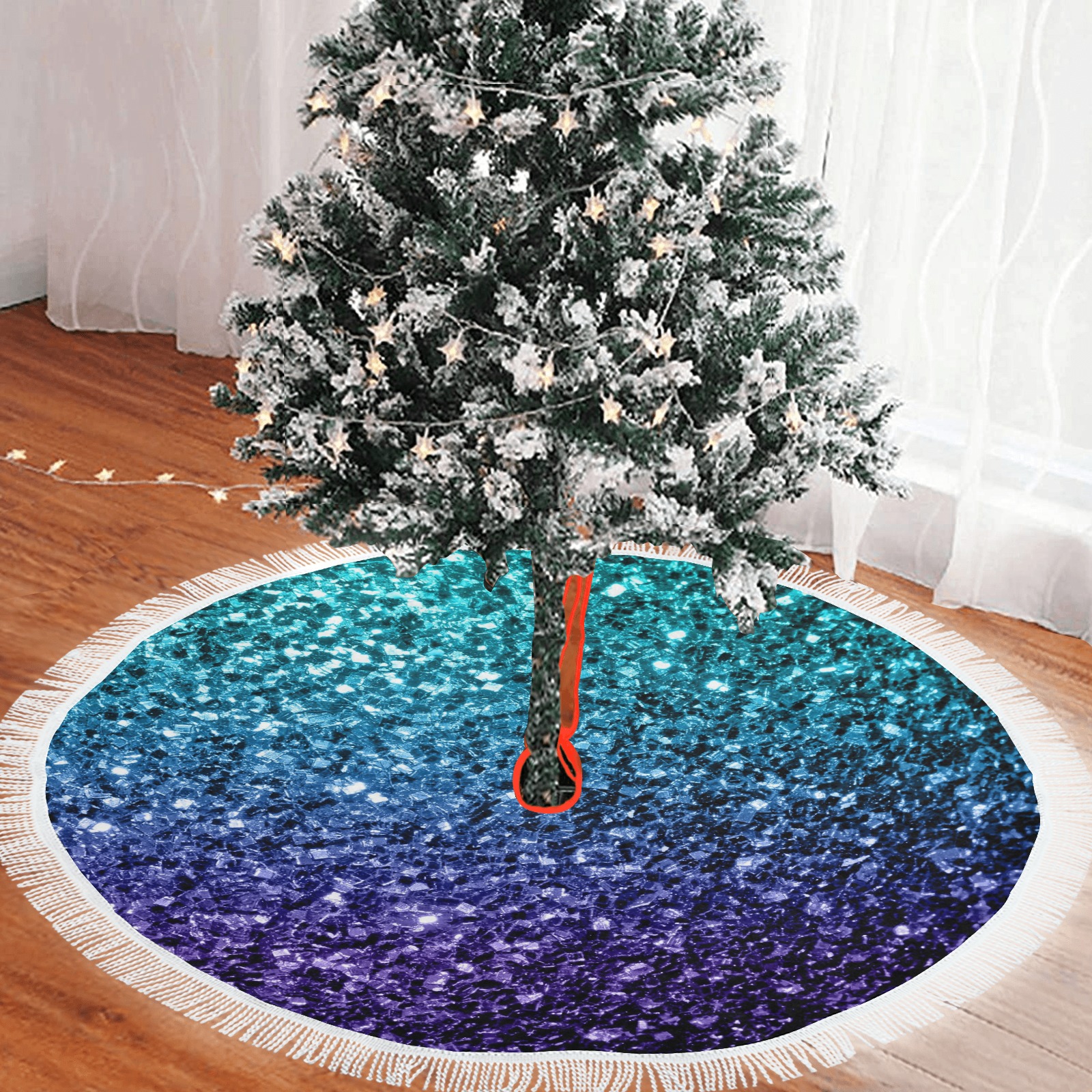 Aqua blue ombre faux glitter sparkles Thick Fringe Christmas Tree Skirt 60"x60"
