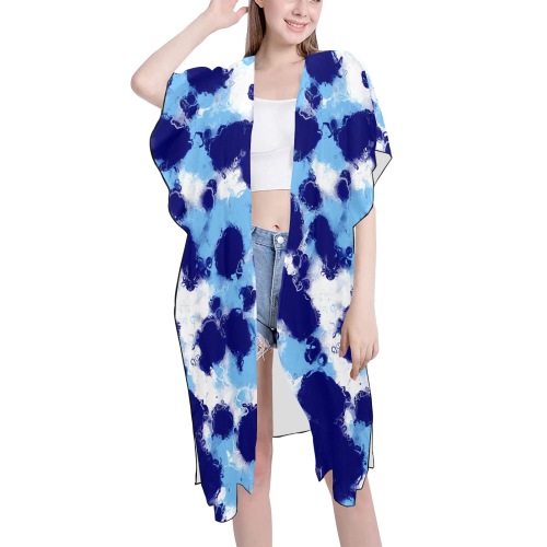 Light Blue, Navy and White Abstract Mid-Length Side Slits Chiffon Cover Ups (Model H50)