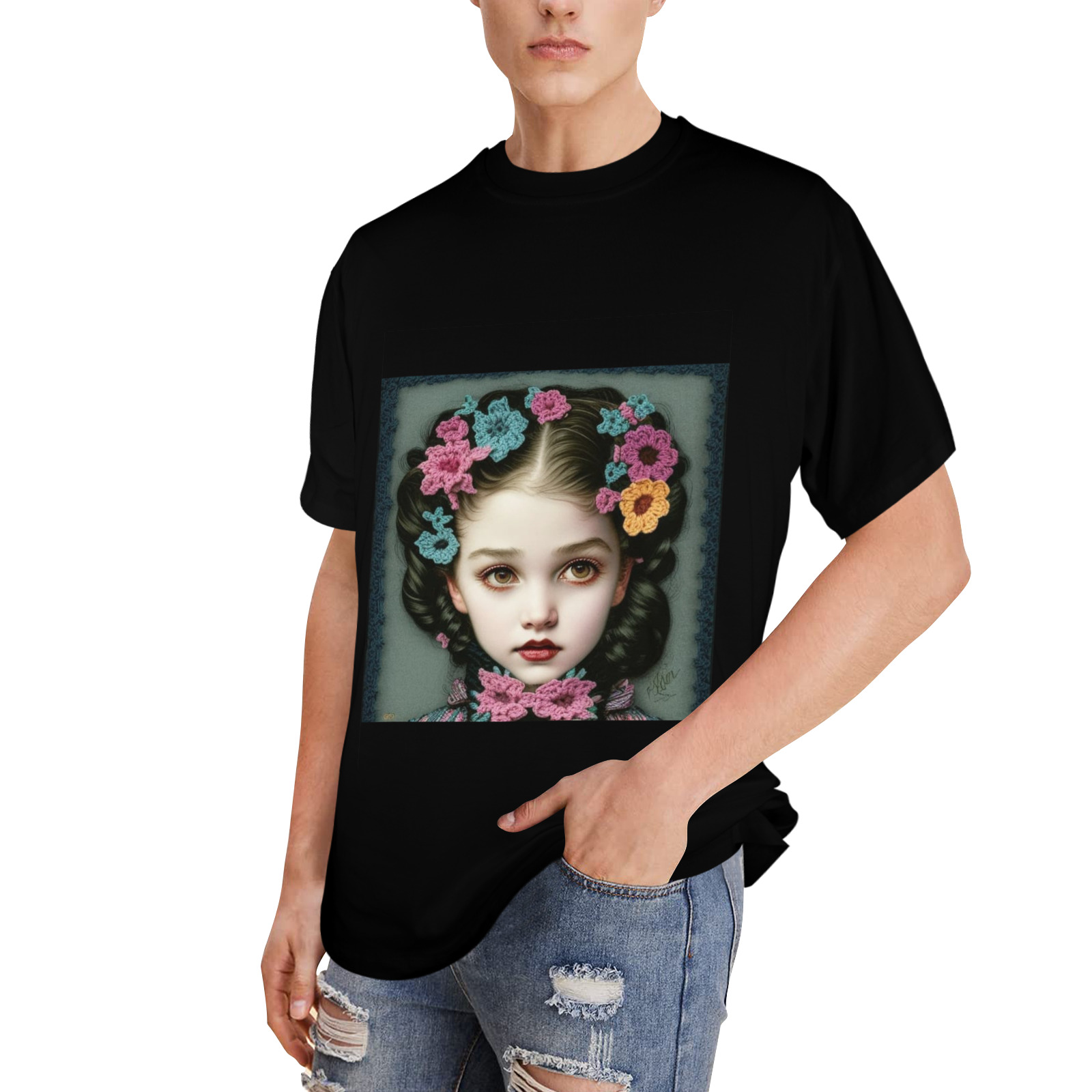 pretty girl with orange pink  knit flowers 2 Men's Glow in the Dark T-shirt (Front Printing)