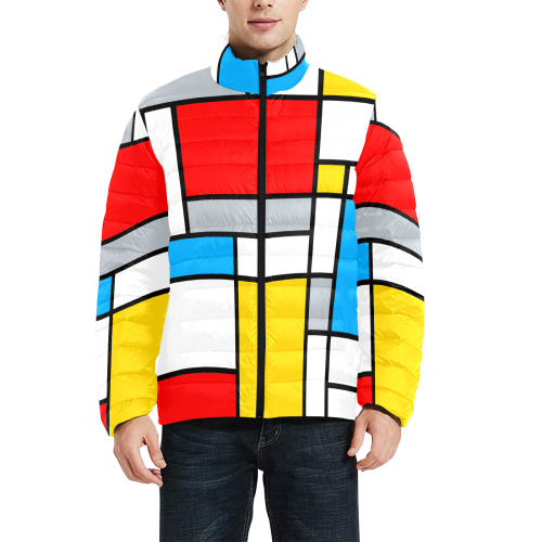 Mondrian Style Color Composition Geometric Retro Art Men's Stand Collar Padded Jacket (Model H41)
