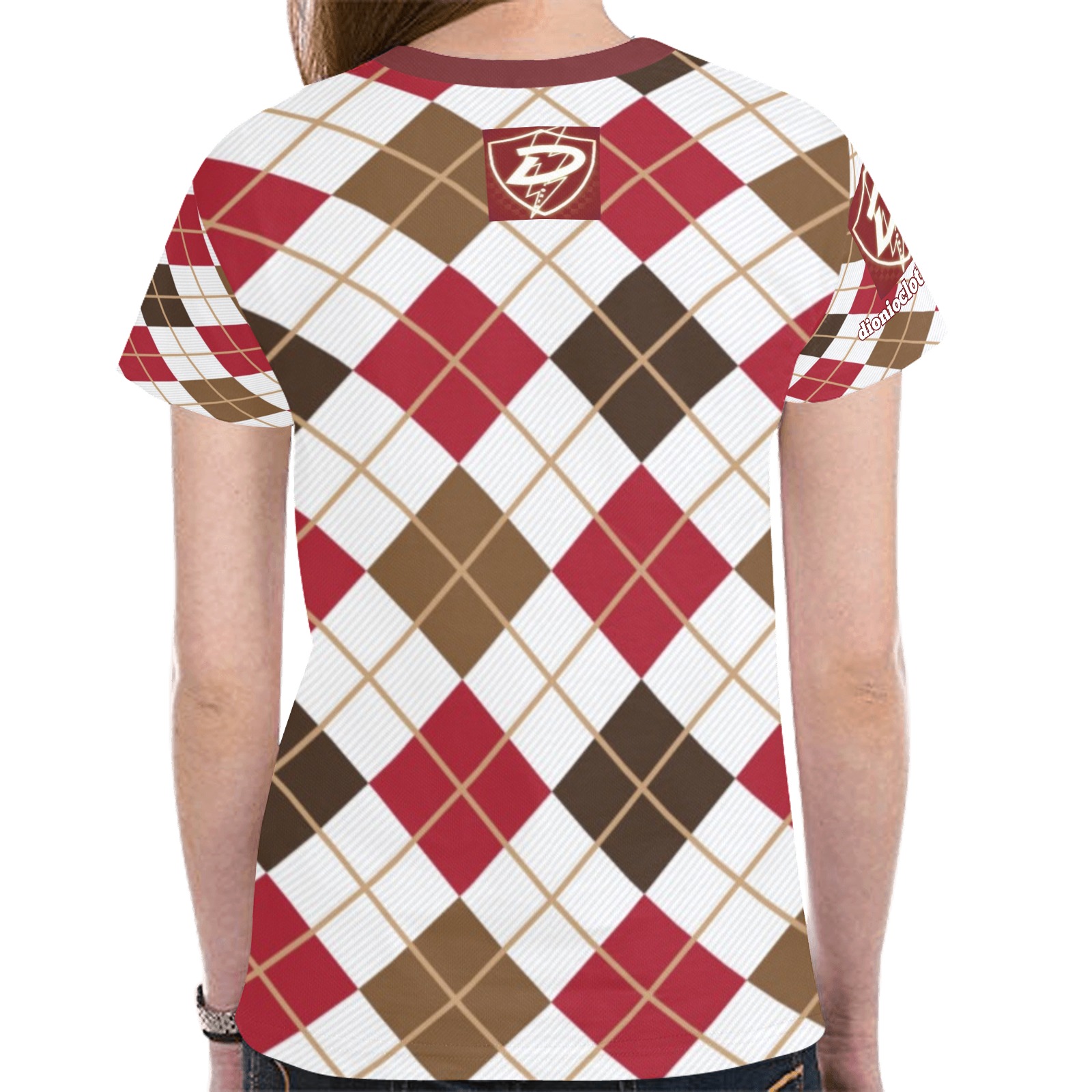 DIONIO Clothing - Ladies' Argyle White,Red & Green T-Shirt (Red Shield Logo) New All Over Print T-shirt for Women (Model T45)