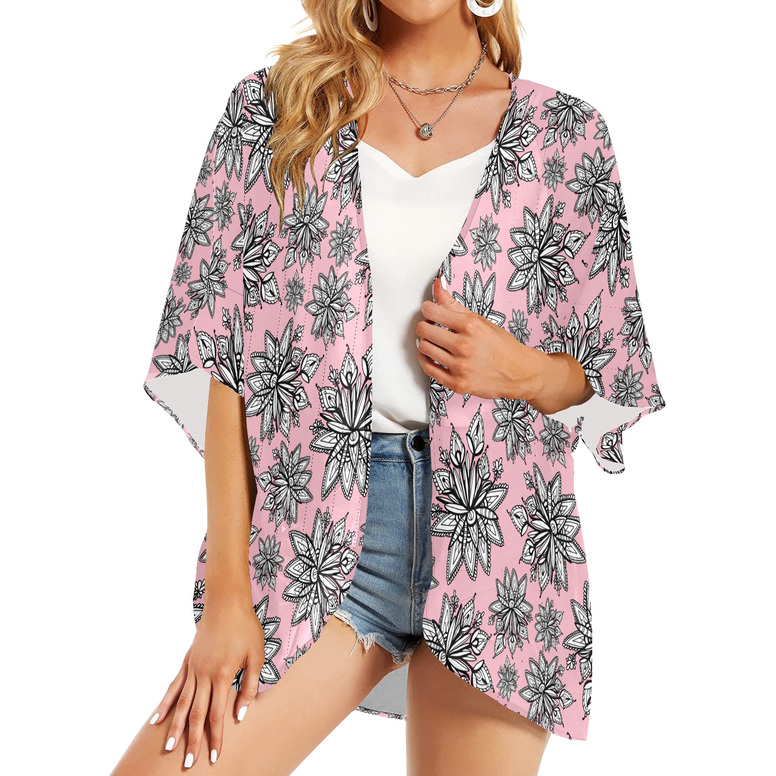 Creekside Floret pattern light pink Women's Kimono Chiffon Cover Ups (Model H51)