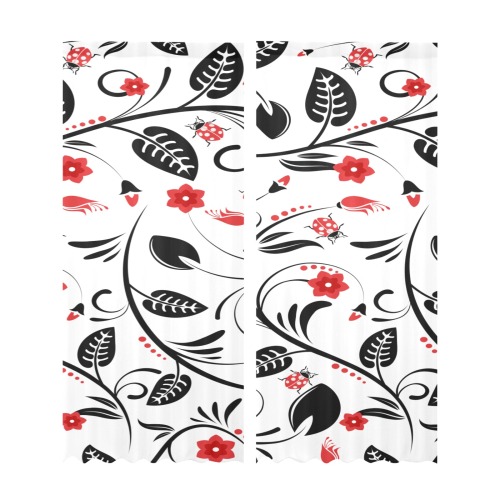 Ladybug Black & Red Plant Gauze Two Piece Curtain 28 x 95 Inches Gauze Curtain 28"x95" (Two-Piece)