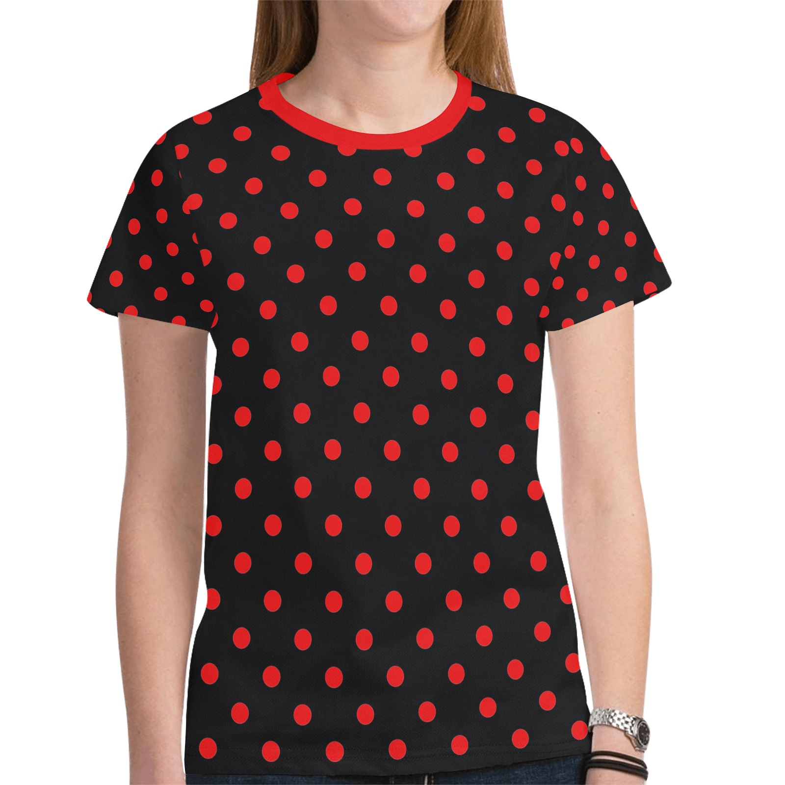 Polka Dots Red / Black New All Over Print T-shirt for Women (Model T45)