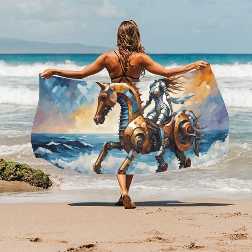 Fantasy princess rides a funny unicorn seahorse. Beach Towel 32"x 71"