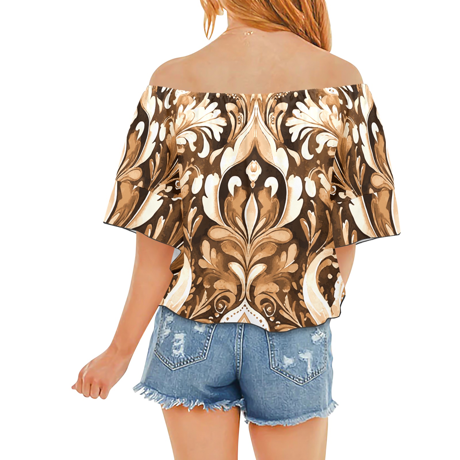 Western Embossed Leather Look Off Shoulder Knot Front Blouse (Model T71)