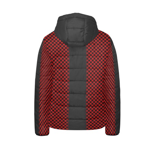 Checkerboard Red Black Stripe Racing Kids' Padded Hooded Jacket (Model H45)