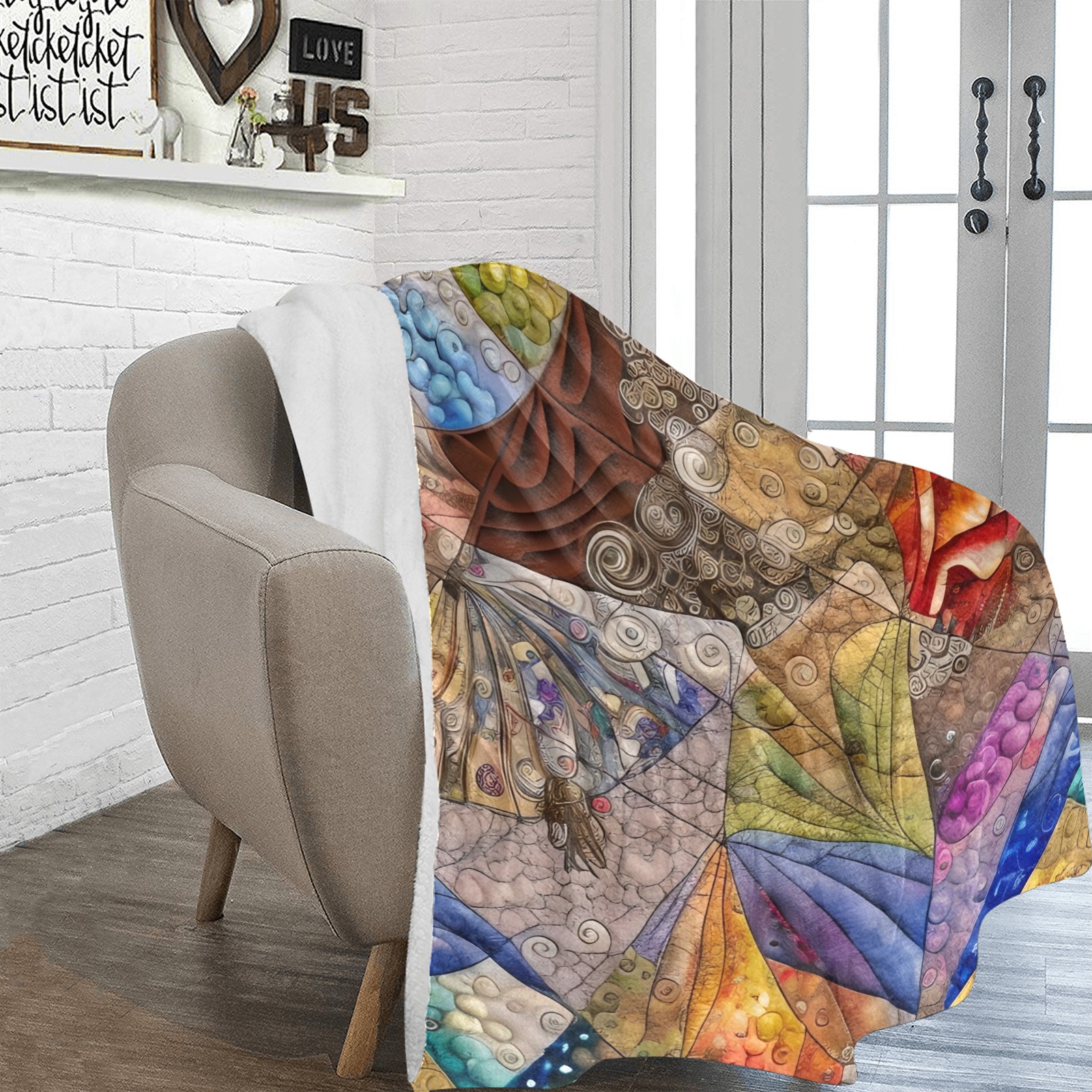 Boho Aesthetic Simulated Quilt Artwork Ultra-Soft Micro Fleece Blanket 70''x80''