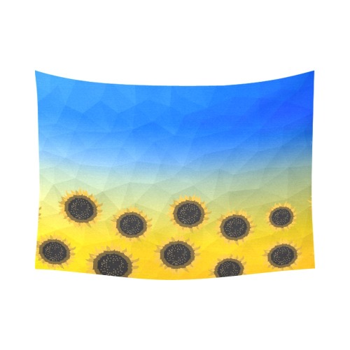 Ukraine yellow blue geometric mesh pattern Sunflowers Cotton Linen Wall Tapestry 80"x 60"