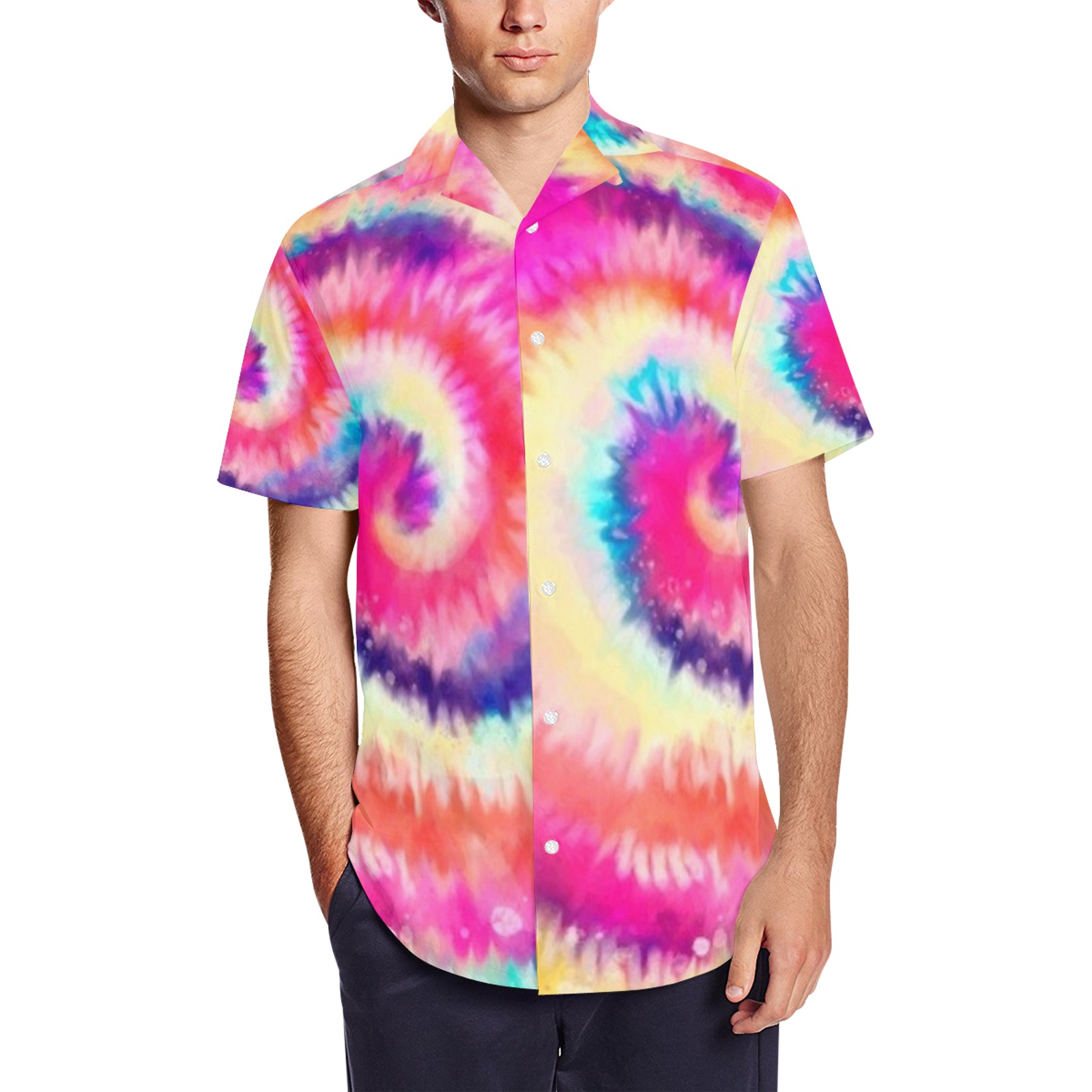 camisa hombre diseño espiral rosa Men's Short Sleeve Shirt with Lapel Collar (Model T54)