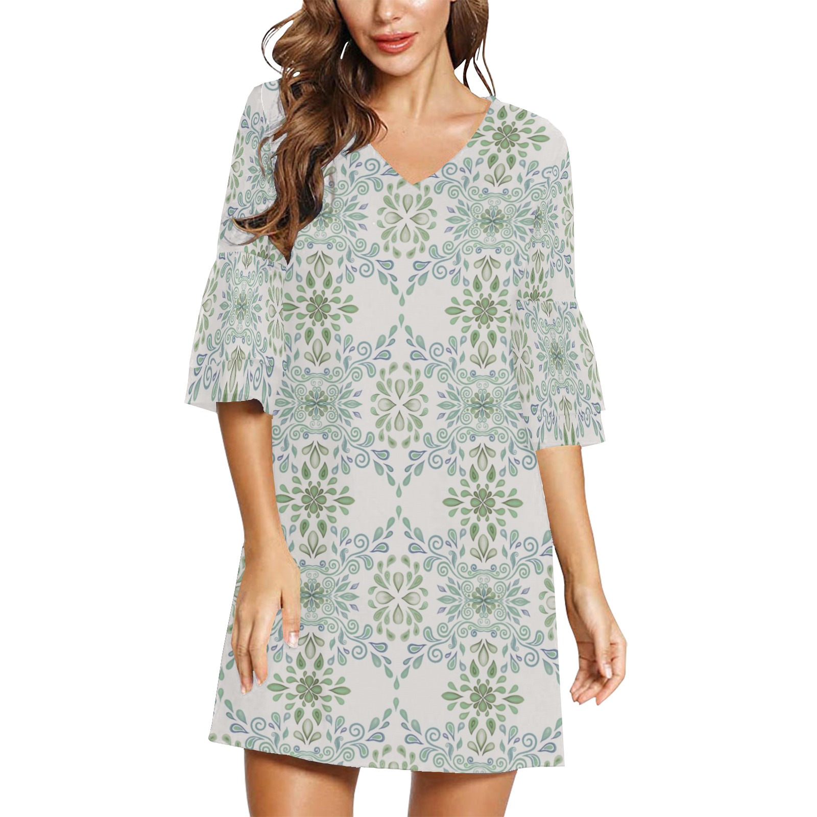 Blue and Green watercolor pattern Half Sleeves V-Neck Mini Dress (Model D63)
