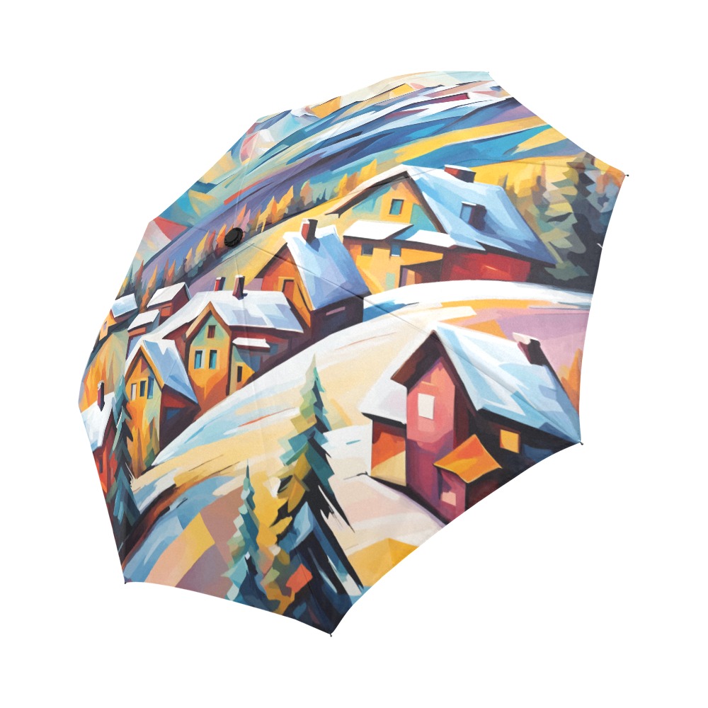 Fantasy mountain village skiing destination art Auto-Foldable Umbrella (Model U04)