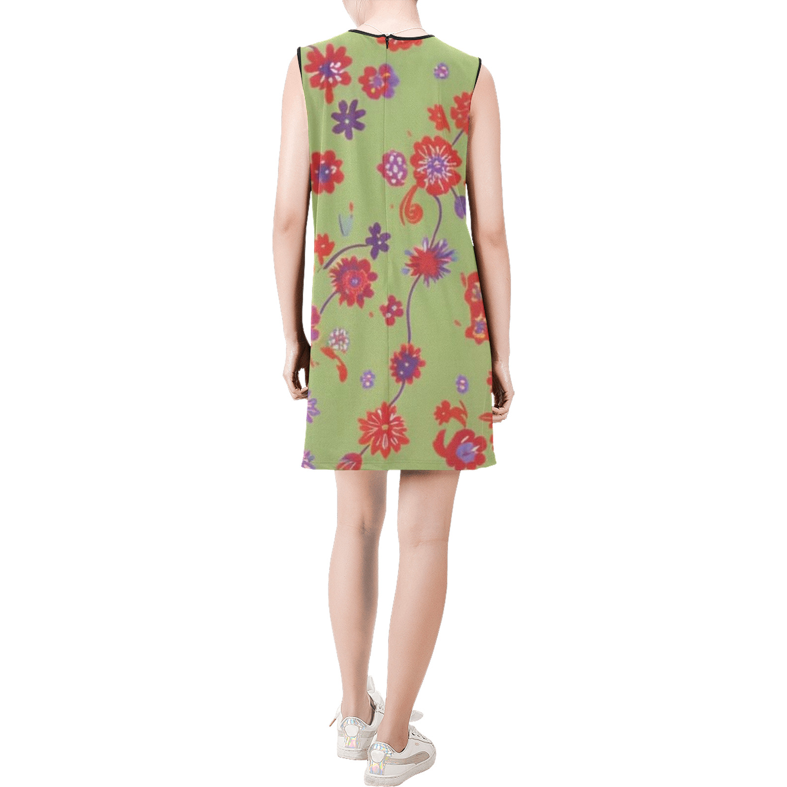 mid century retro floral 1970s 1960s pattern 76 Sleeveless Round Neck Shift Dress (Model D51)