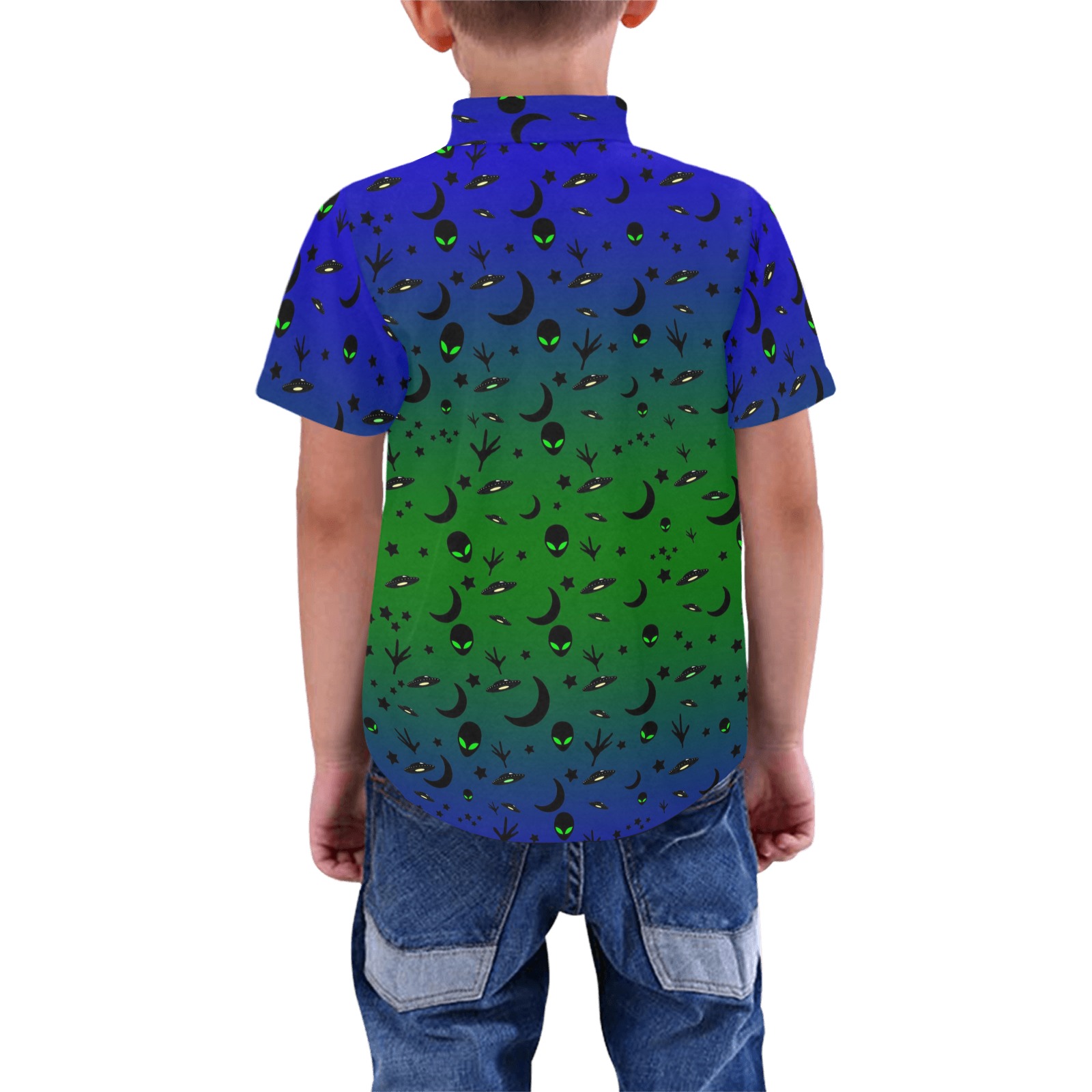 Aliens and Spaceships Blue and Green Boys' All Over Print Short Sleeve Shirt (Model T59)