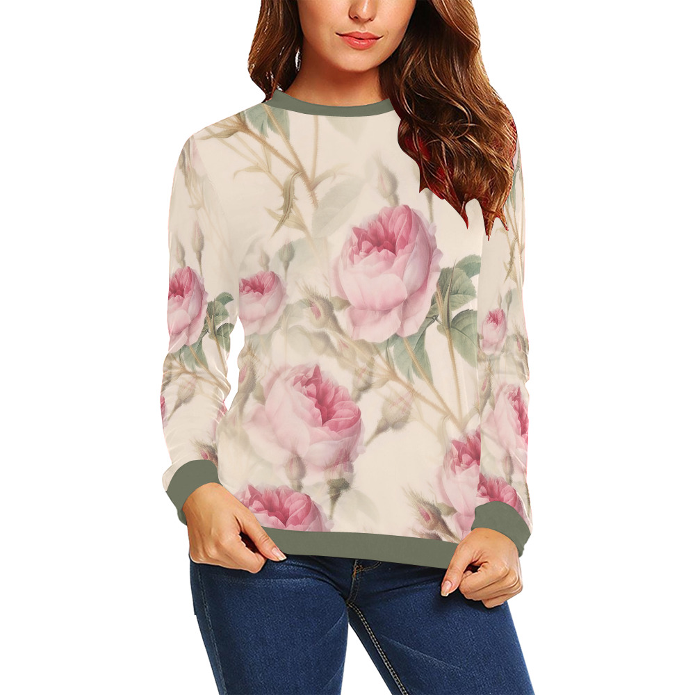 Vintage Pink Rose Garden Pattern All Over Print Crewneck Sweatshirt for Women (Model H18)