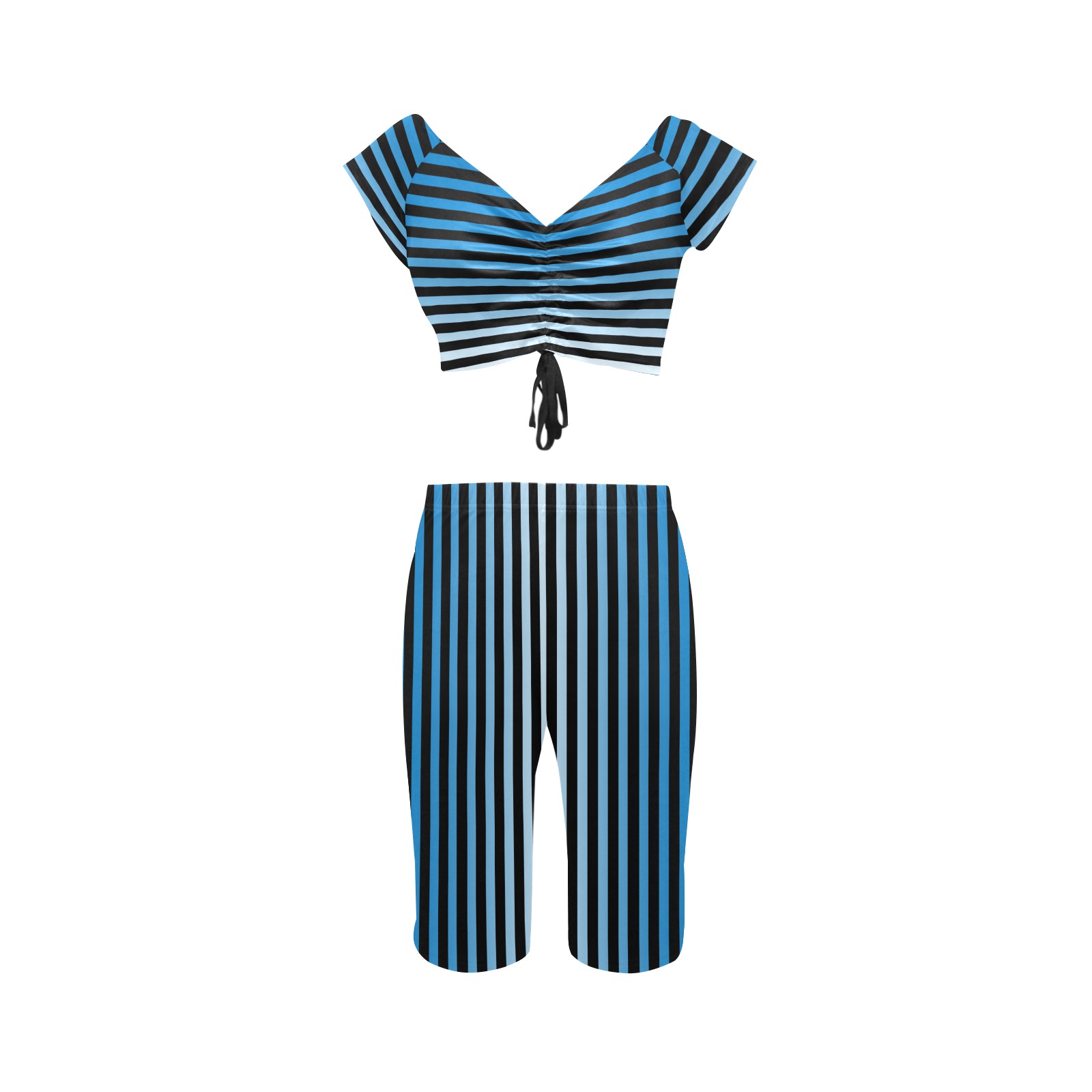 Stripes Fade Blue, Black Women's Crop Top Yoga Set