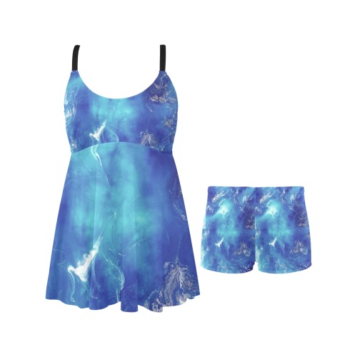Encre Bleu Photo Chest Pleat Swim Dress (Model S31)