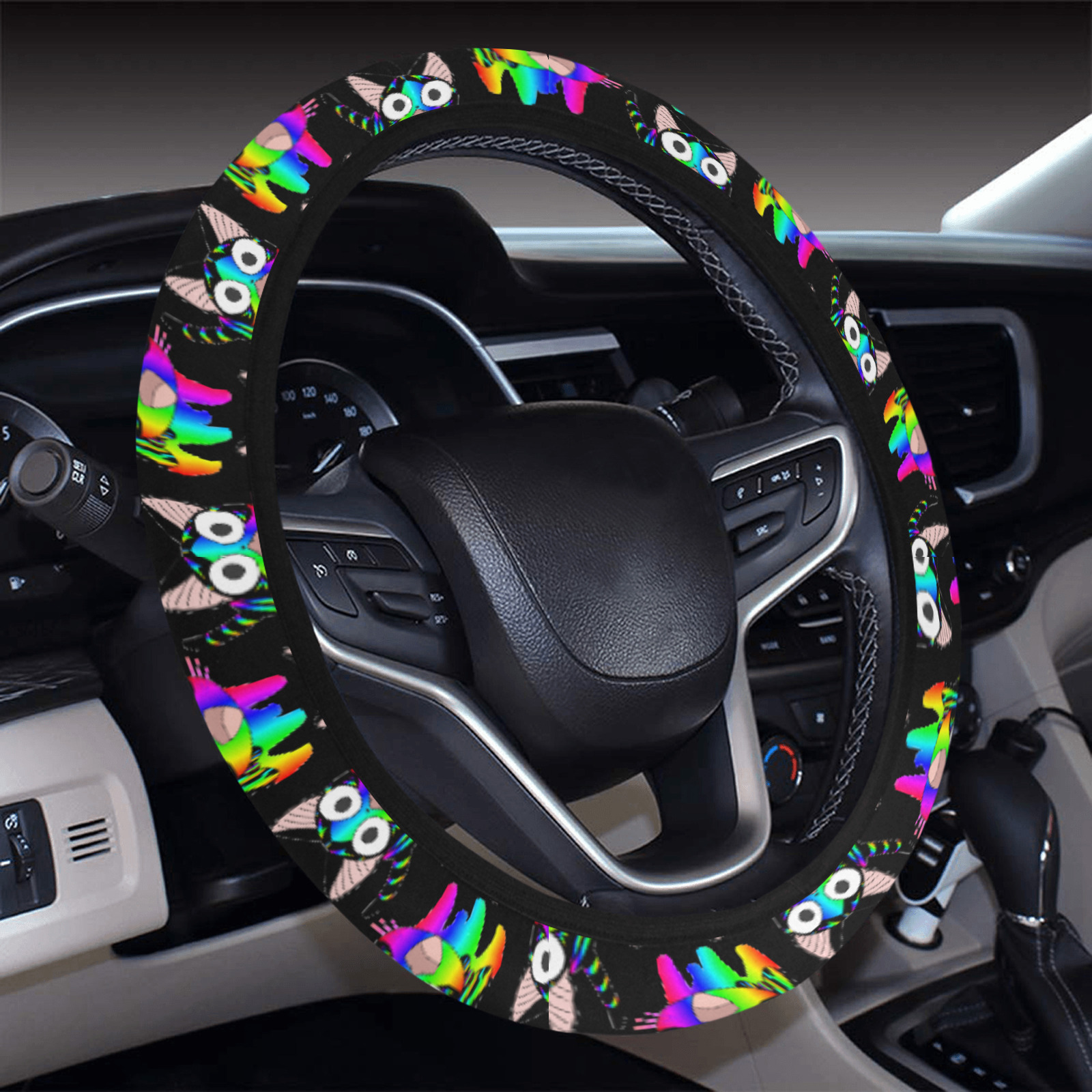 Rainbow Neon Kitty Cat Anime Steering Wheel Cover with Elastic Edge