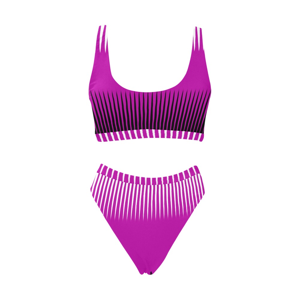 Wave Design Pink and Black Sport Top & High-Waisted Bikini Swimsuit (Model S07)