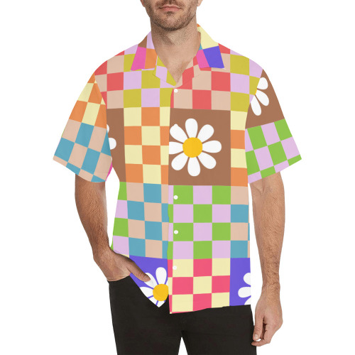 Mid Century Geometric Checkered Retro Floral Daisy Flower Pattern Hawaiian Shirt (Model T58)