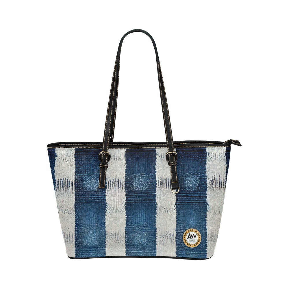 blue and white striped pattern Leather Tote Bag/Large (Model 1651)