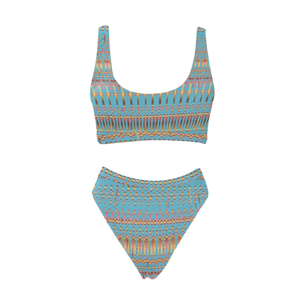 Blue Broken Line Pattern Sport Top & High-Waisted Bikini Swimsuit (Model S07)