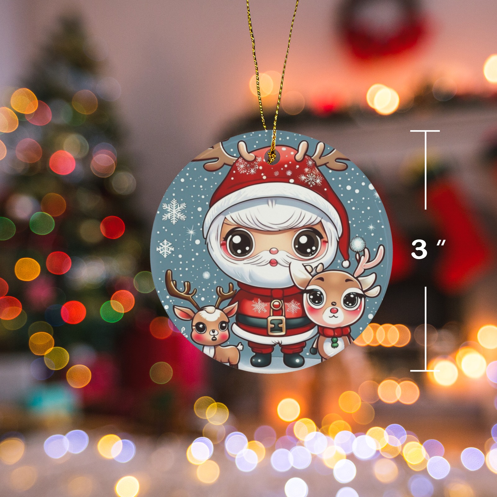 Santa and Reindeer 2 3 inch Round Ceramic Ornament