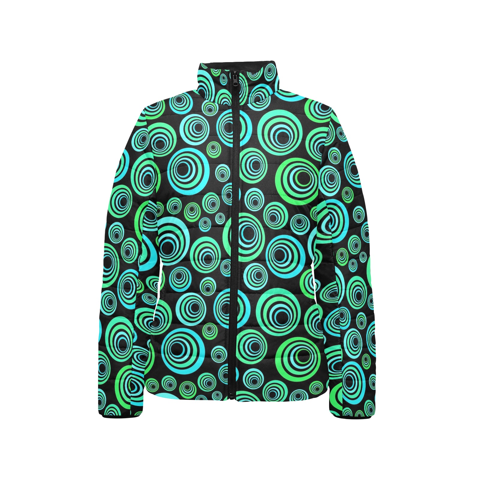 Retro Psychedelic Pretty Green Pattern Women's Stand Collar Padded Jacket (Model H41)
