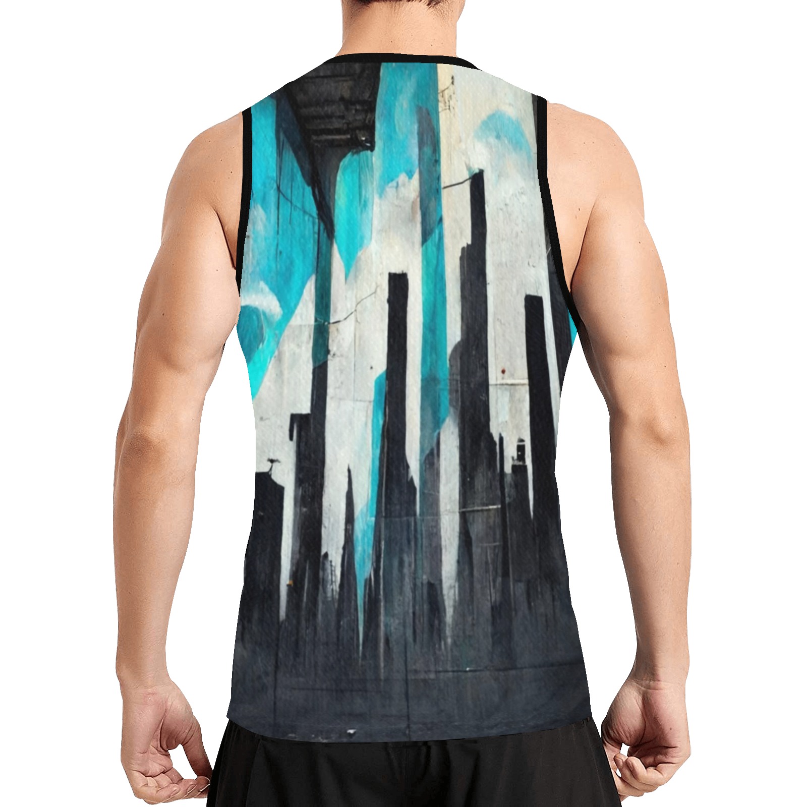 graffiti buildings turquoise and black All Over Print Basketball Jersey