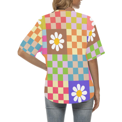 Mid Century Geometric Checkered Retro Floral Daisy Flower Pattern All Over Print Hawaiian Shirt for Women (Model T58)