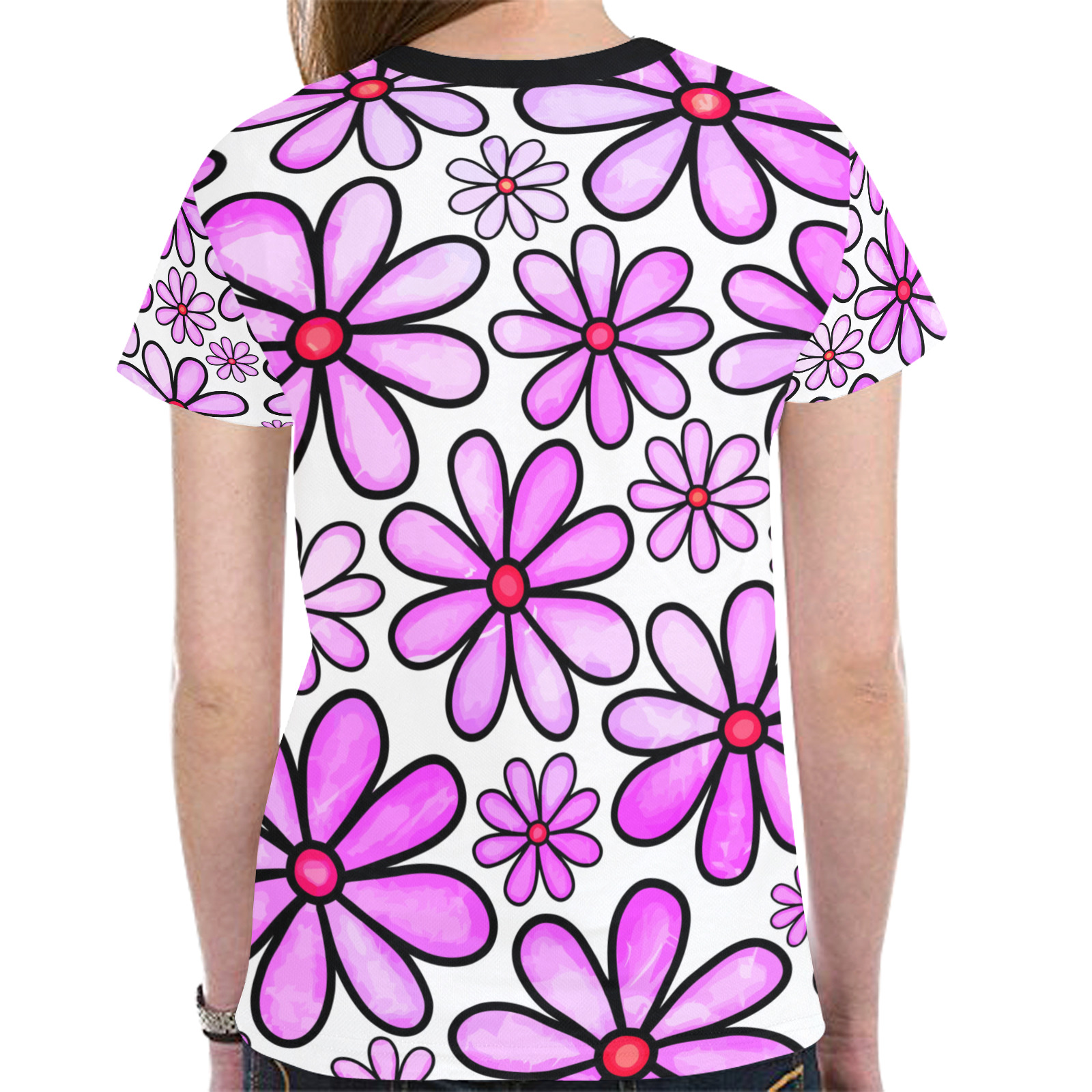 Pink Watercolor Doodle Daisy Flower Pattern New All Over Print T-shirt for Women (Model T45)