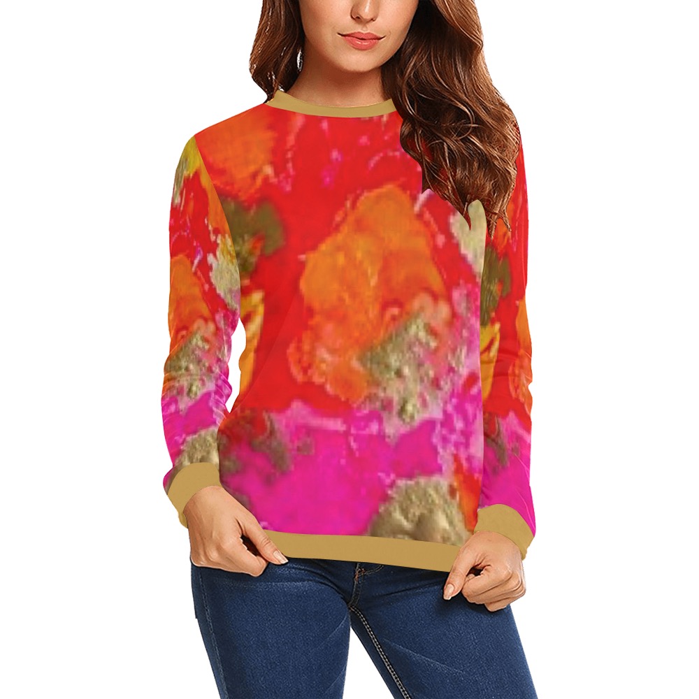 Orange krush-gold collar and cuff All Over Print Crewneck Sweatshirt for Women (Model H18)