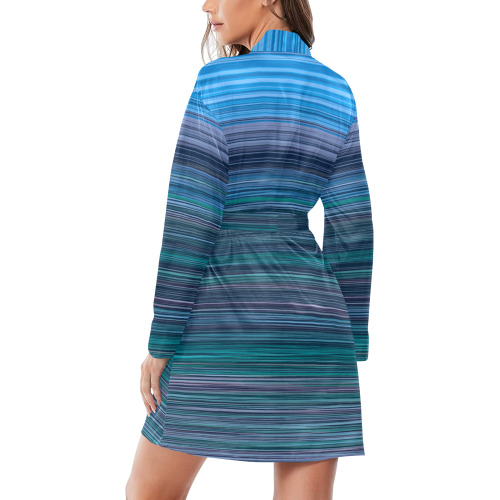 Abstract Blue Horizontal Stripes Women's Long Sleeve Belted Night Robe