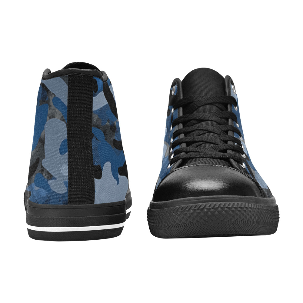 blue camo on black High Top Canvas Shoes for Kid (Model 017)