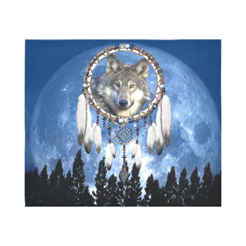 Wolf, Dream Catcher and Moon Cotton Linen Wall Tapestry 60"x 51"