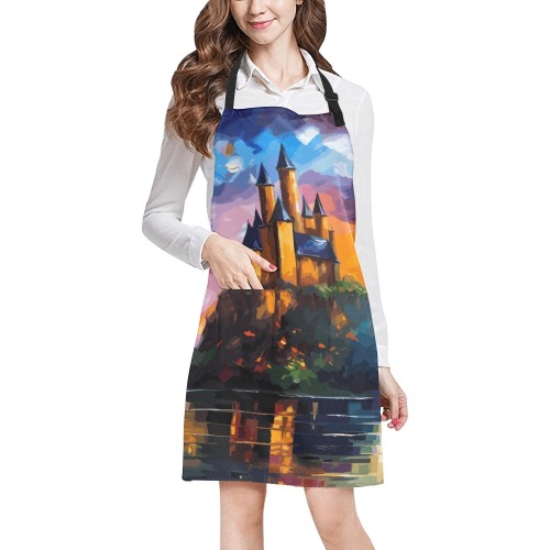 Medieval castle on a small island at sunset art. All Over Print Apron