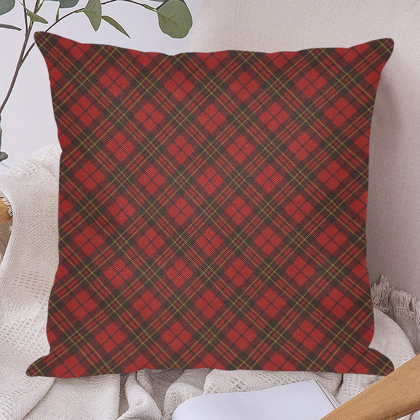 Red tartan plaid winter Christmas pattern holidays Linen Zippered Pillowcase 18"x18"(One Side)