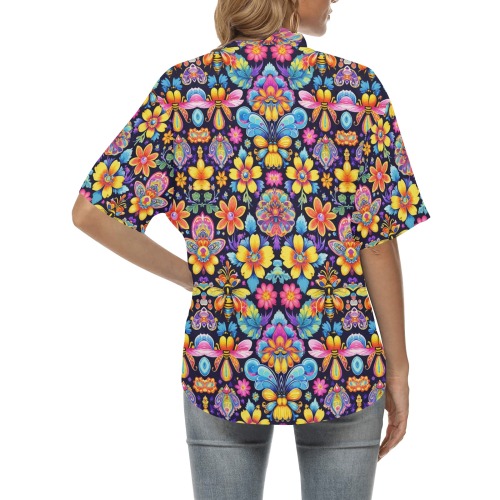 Bees Summer Garden Seamless Nature Pattern All Over Print Hawaiian Shirt for Women (Model T58)