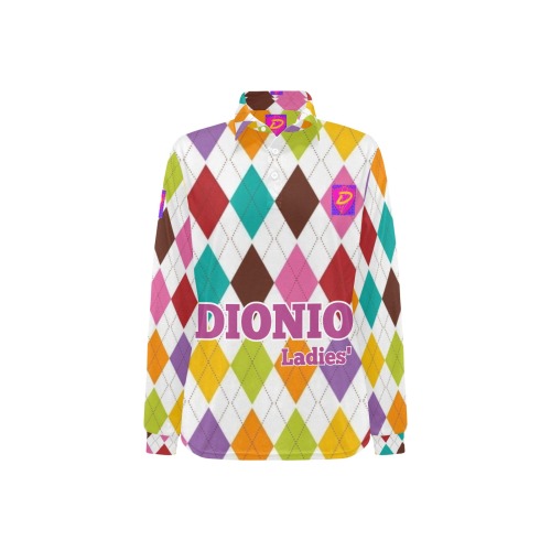 DIONIO Clothing - Ladies' Argyle Multi-Color Long Sleeve Polo Shirt (Pink D-Shield Logo) Women's Long Sleeve Polo Shirt (Model T73)