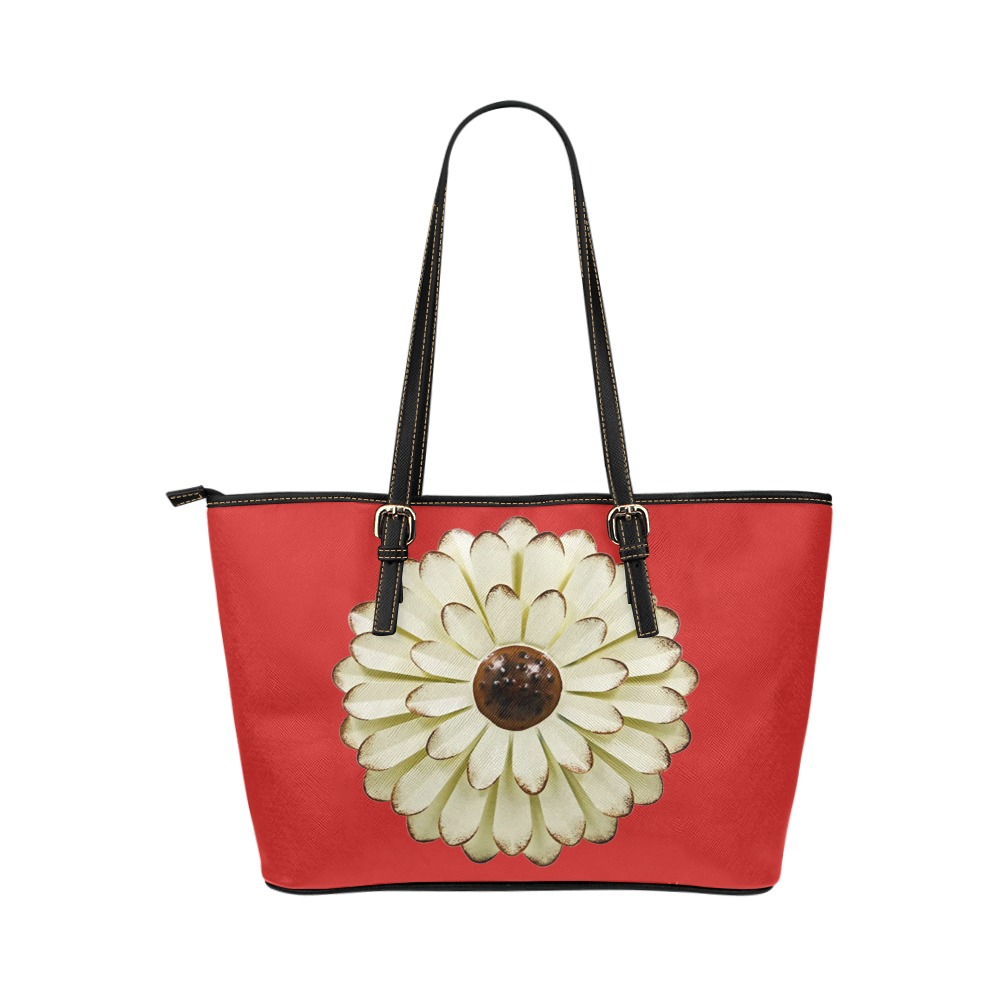 white flower / red Leather Tote Bag/Small (Model 1651)