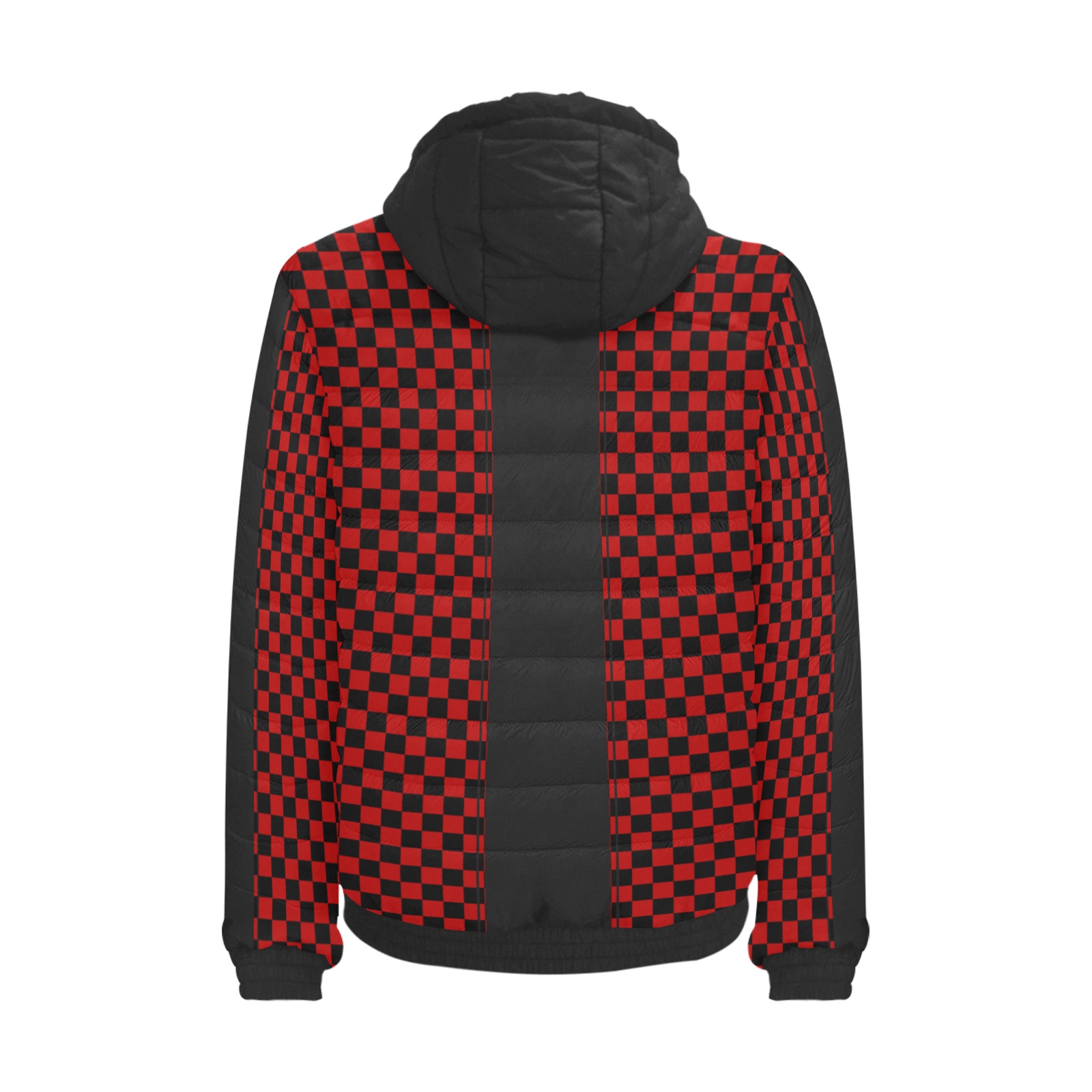 Checkerboard Red Black Stripe Racing Men's Padded Hooded Jacket (Model H42)