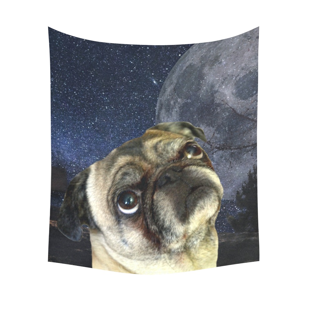 Dog Pug and Moon Cotton Linen Wall Tapestry 51"x 60"