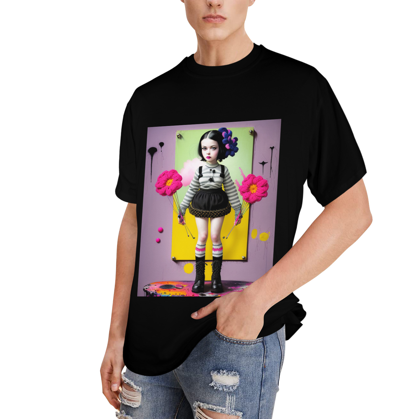 gothic girl with knit crochet flowers 3 Men's Glow in the Dark T-shirt (Front Printing)