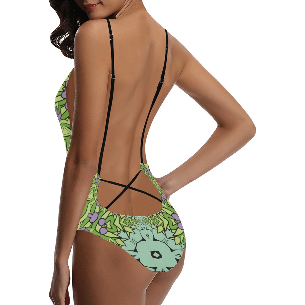 Fractoberry Fractal Pattern 000185SLBPS Sexy Lacing Backless One-Piece Swimsuit (Model S10)